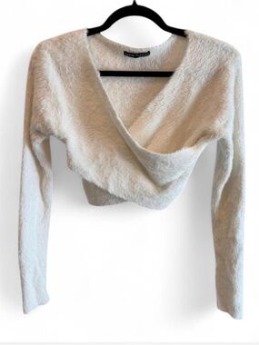SHEIN Cream Fuzzy Cropped Wrap Sweater